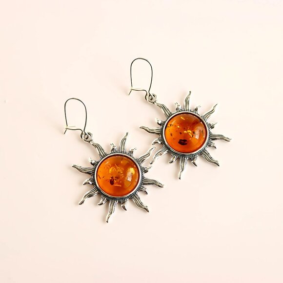 Baltic Amber Large Sun Earrings in 925 Sterling Silver - Picture 2 of 5